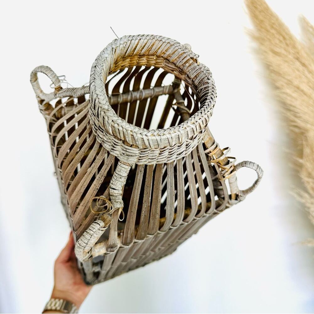 VINTAGE Brown Wood Wicker Woven Tall Basket Accent Decor Vase Handles Y2K 90s - Picture 4 of 8